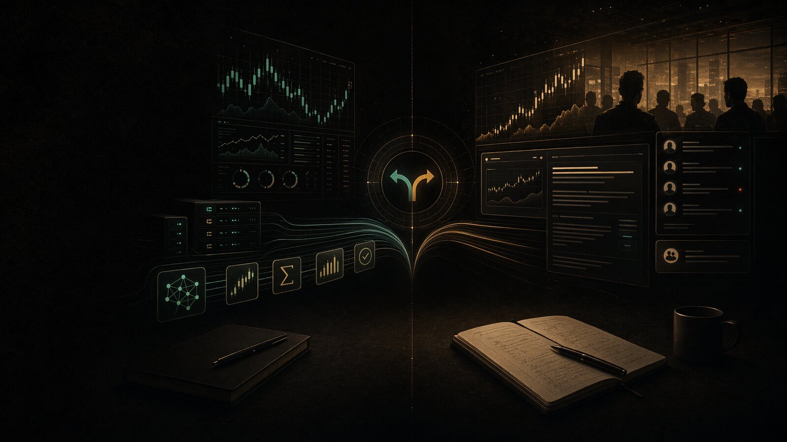 Editorial illustration of AI crypto trading bots and human signal groups converging on a shared trading desk