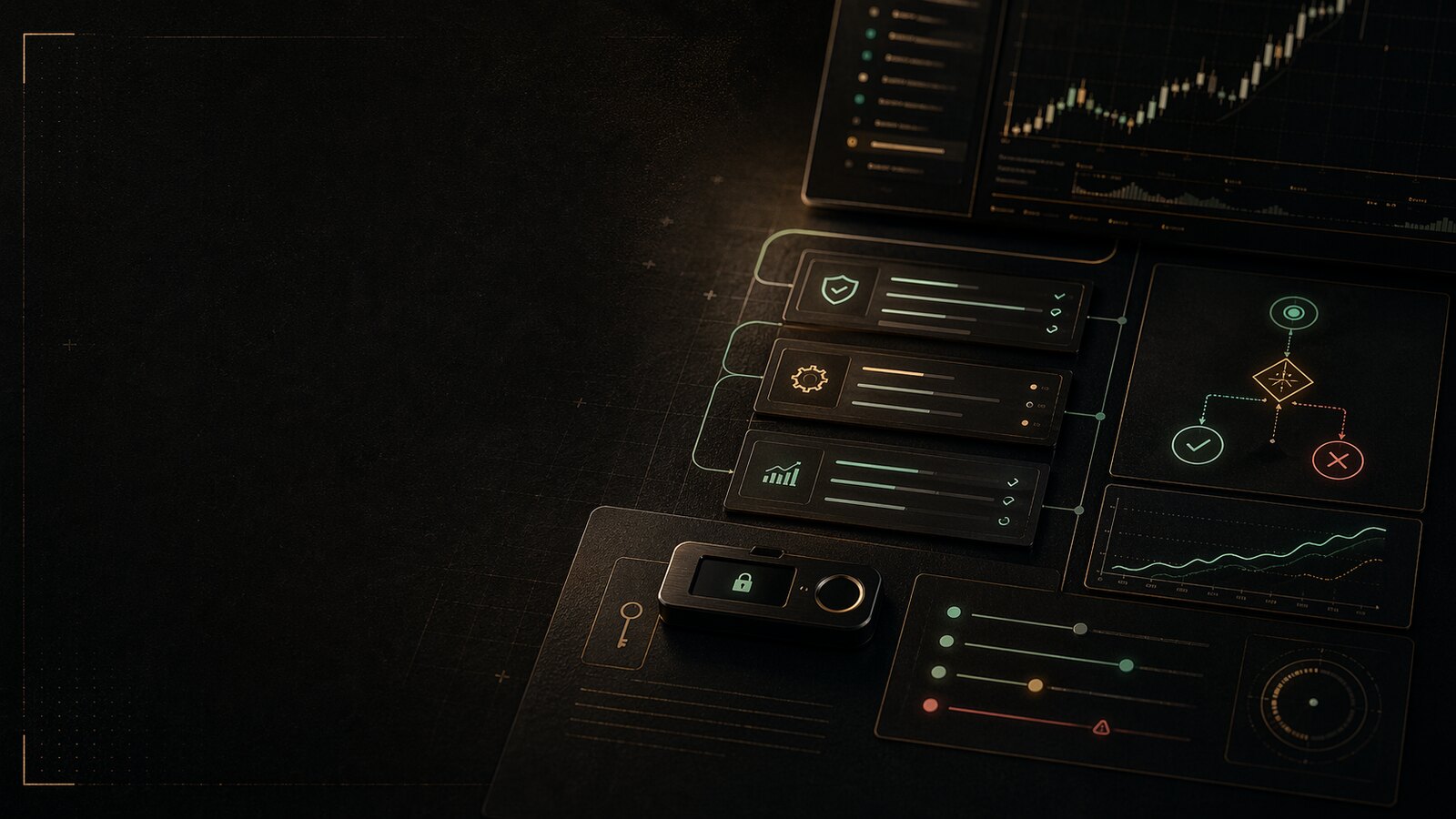 Editorial image of secure API key permissions and auto-trading crypto signal infrastructure on a dark trading desk
