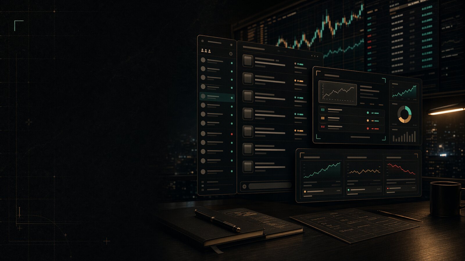 Editorial image of a premium AI crypto signals community with trade panels, moderation cues, and tracked results