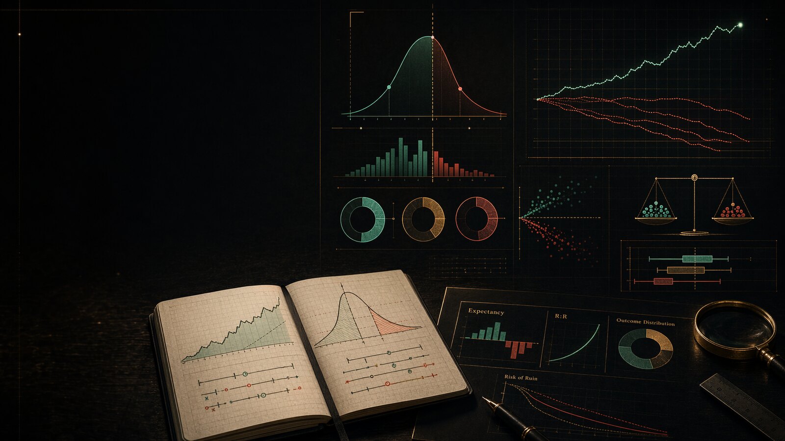 Editorial trading math graphic with performance curves and probability visuals explaining real crypto signal winrates