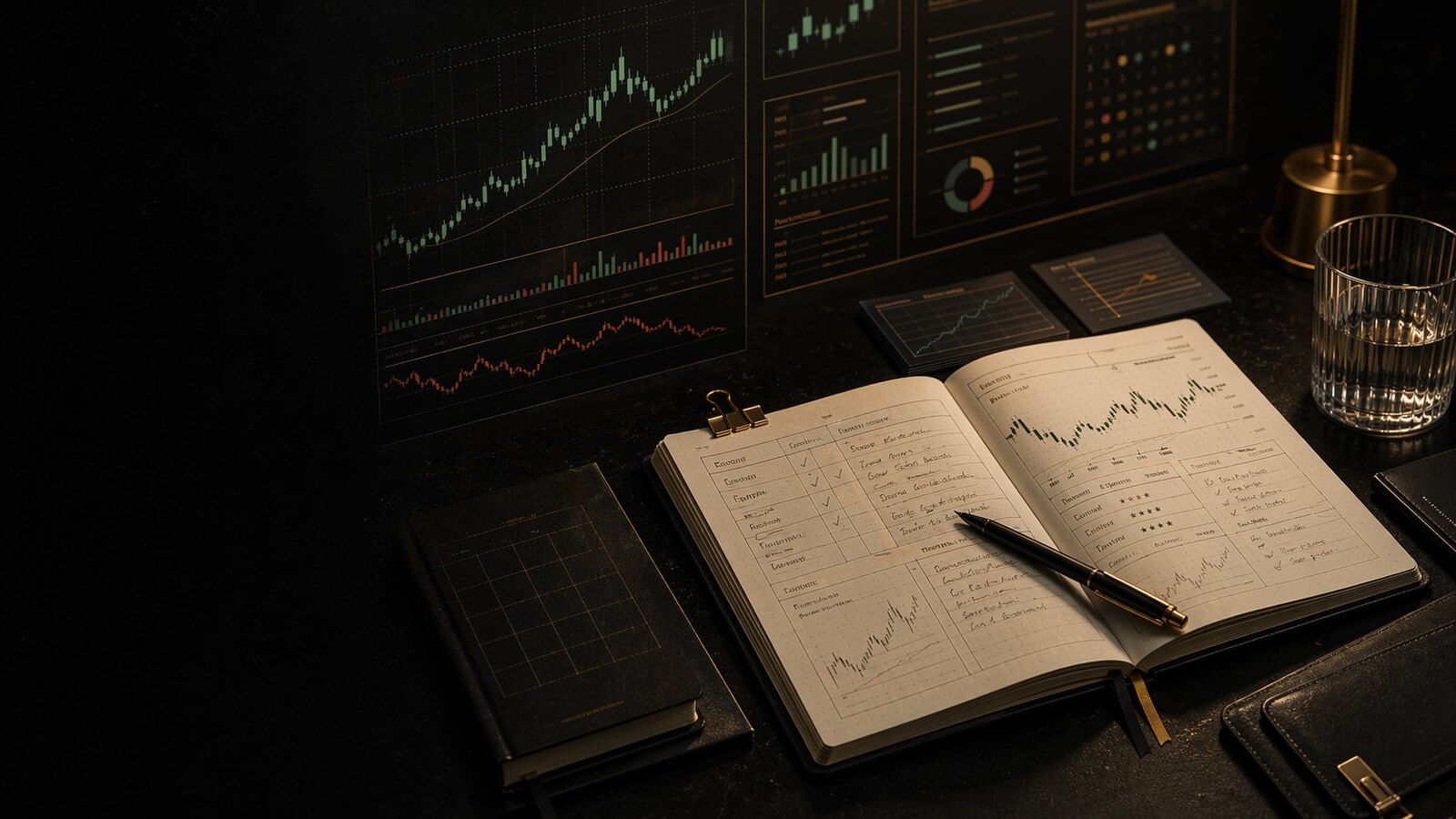 Editorial image of a crypto trading journal template with a review notebook, tracking layout, and performance notes