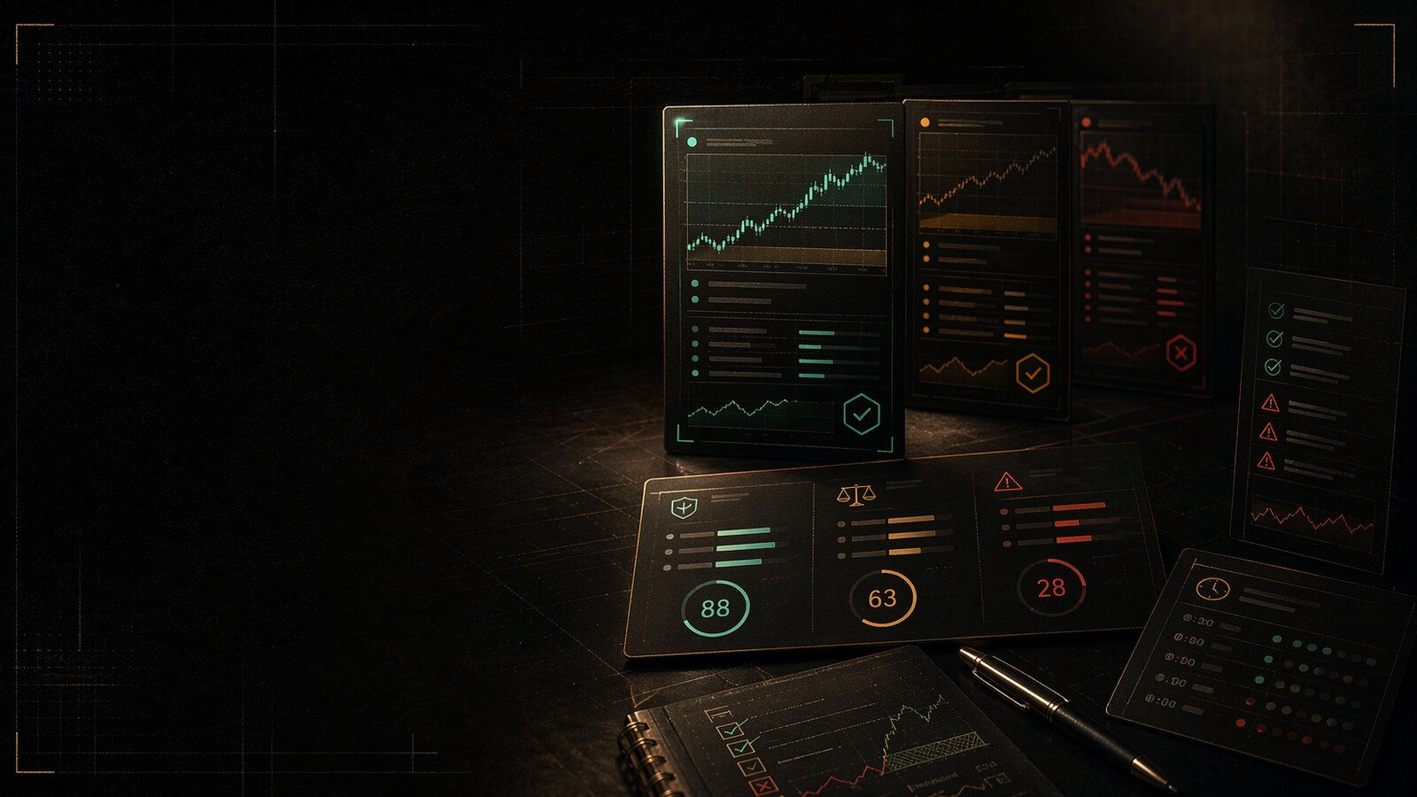 Editorial audit scene for free crypto signals with checklist markers and side-by-side channel evaluation panels