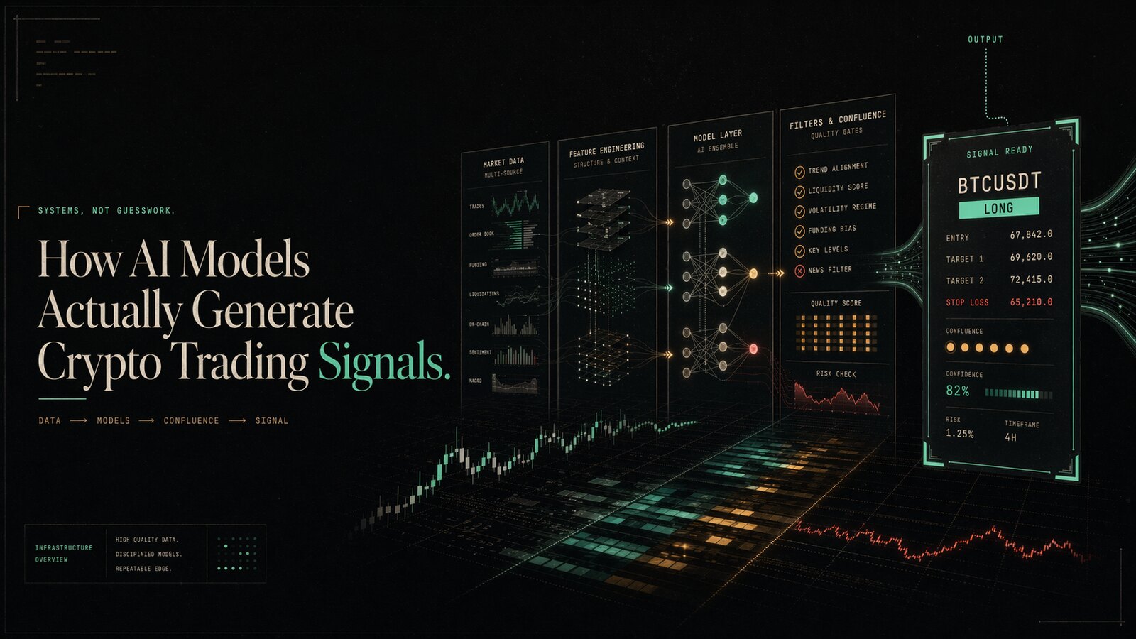 Editorial AI trading pipeline showing market data, model filtering, and crypto signal generation in a dark control room