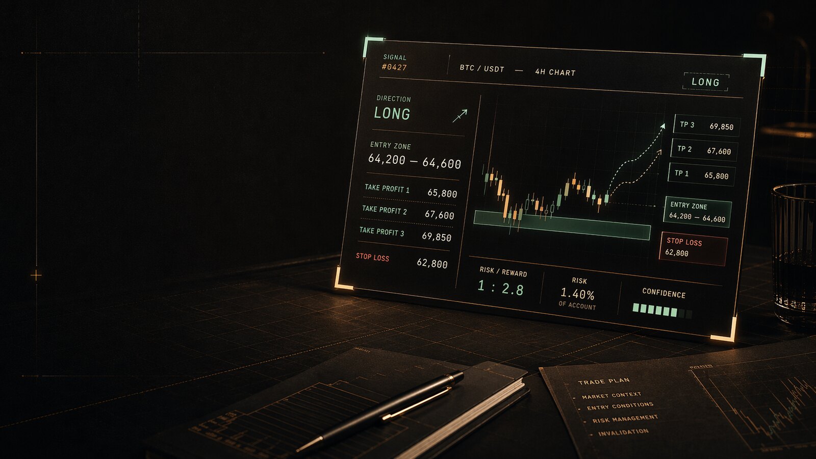 Editorial crypto trading signal card showing entry zone, take profit levels, stop-loss, and risk-reward structure