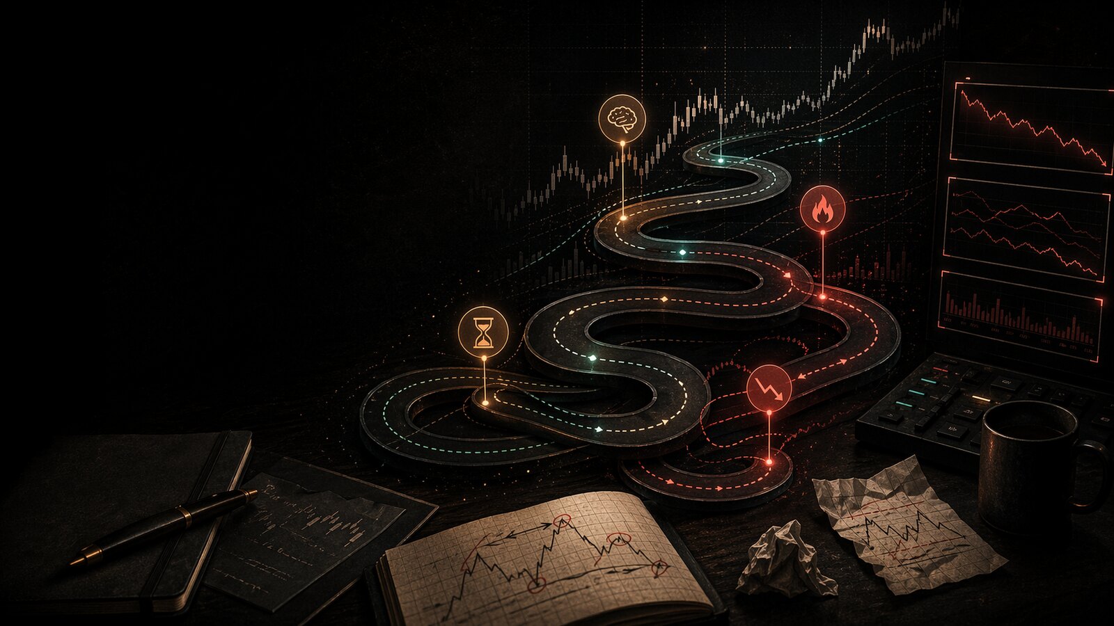 Editorial trading psychology image showing loops of FOMO, revenge trading, hesitation, and stop-loss drift
