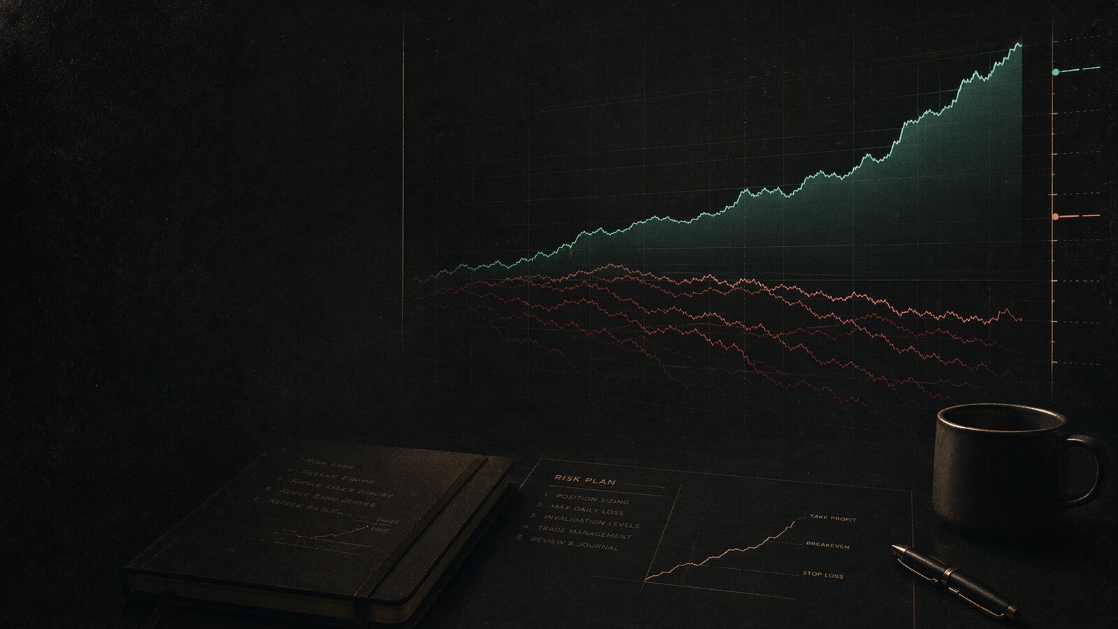 Editorial performance image contrasting failing and rising equity curves for why most crypto traders lose money